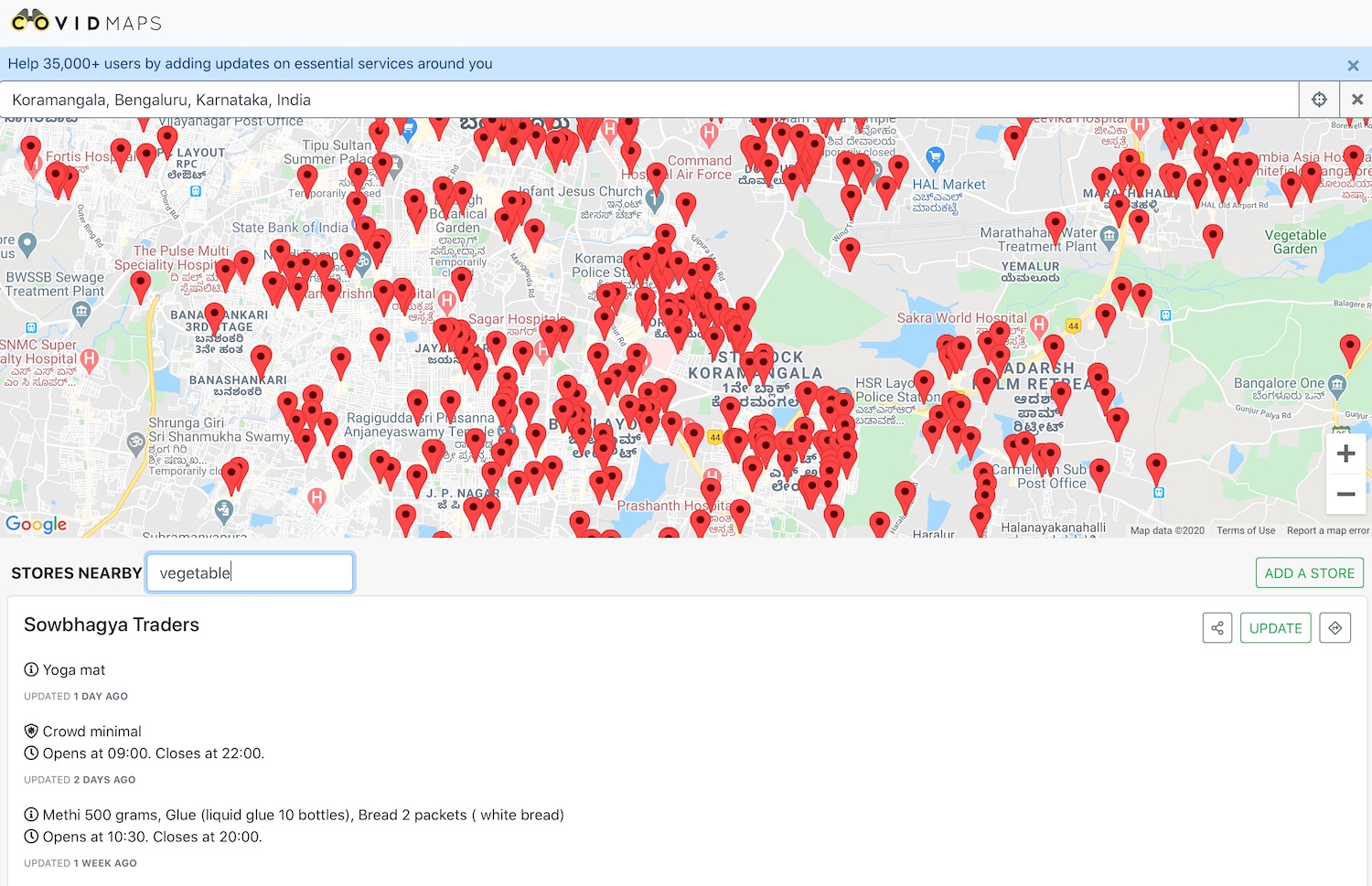 Covidmaps lets you find grocery stores and pharmacies in India