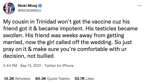 Twitter Won T Act On Nicki Minaj Tweet Irresponsibly Linking Covid 19 Vaccine To Impotency Wilson S Media Twitter Won T Act On Nicki Minaj Tweet Irresponsibly Linking Covid 19 Vaccine To Impotency Wilson S Media